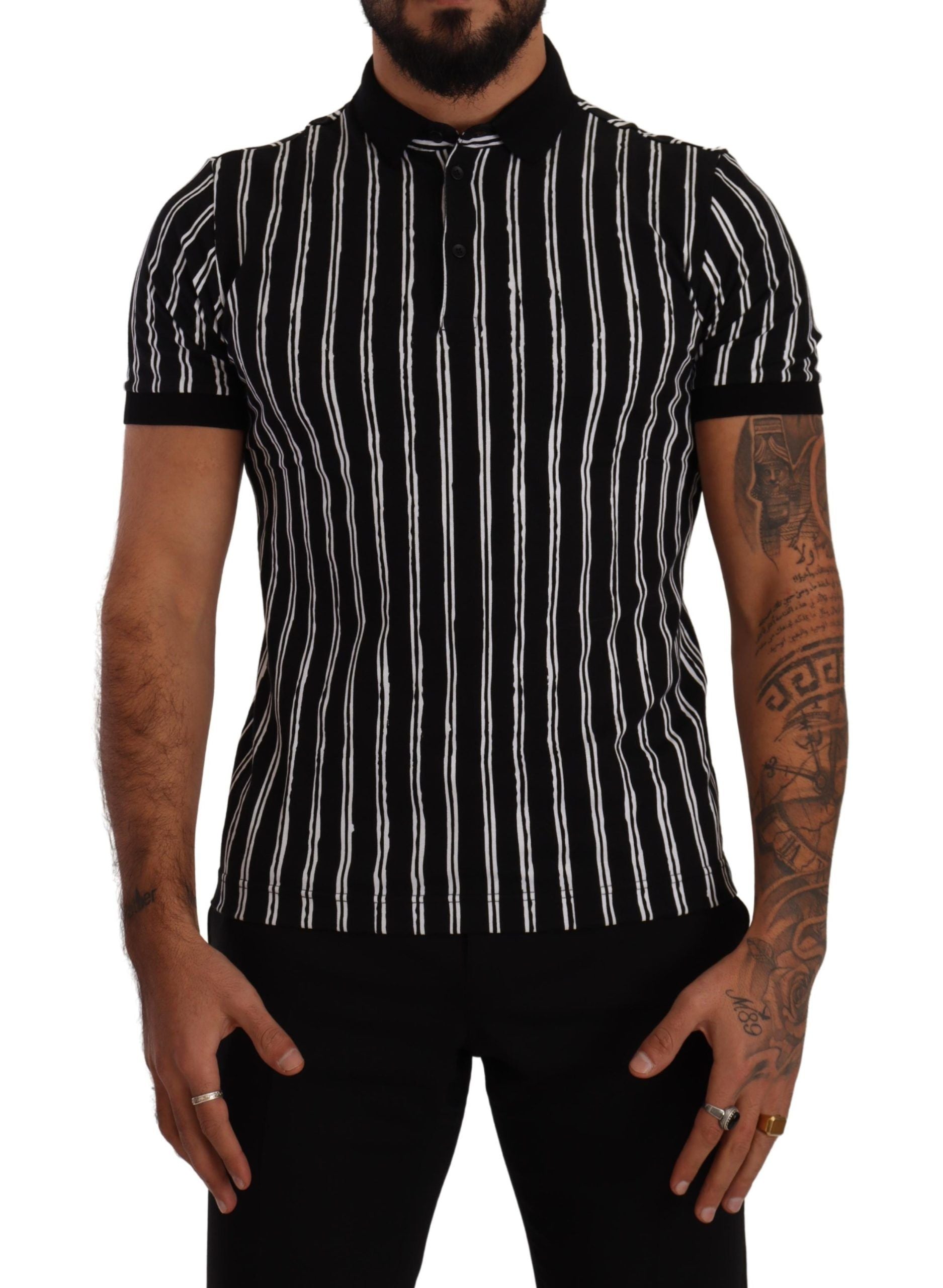 Black White Striped Polo Short Sleeve  T-shirt - ventzia