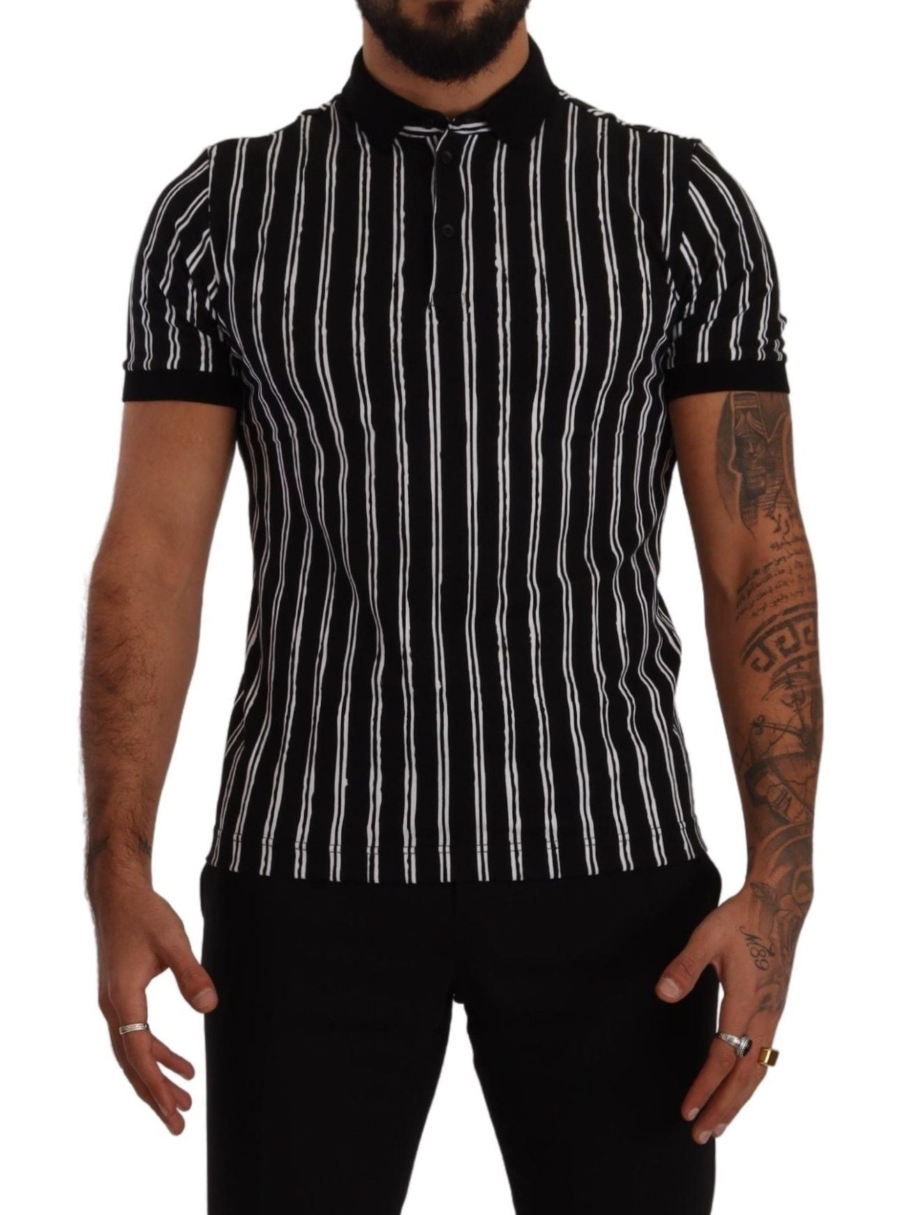 Black White Striped Polo Short Sleeve  T-shirt - ventzia