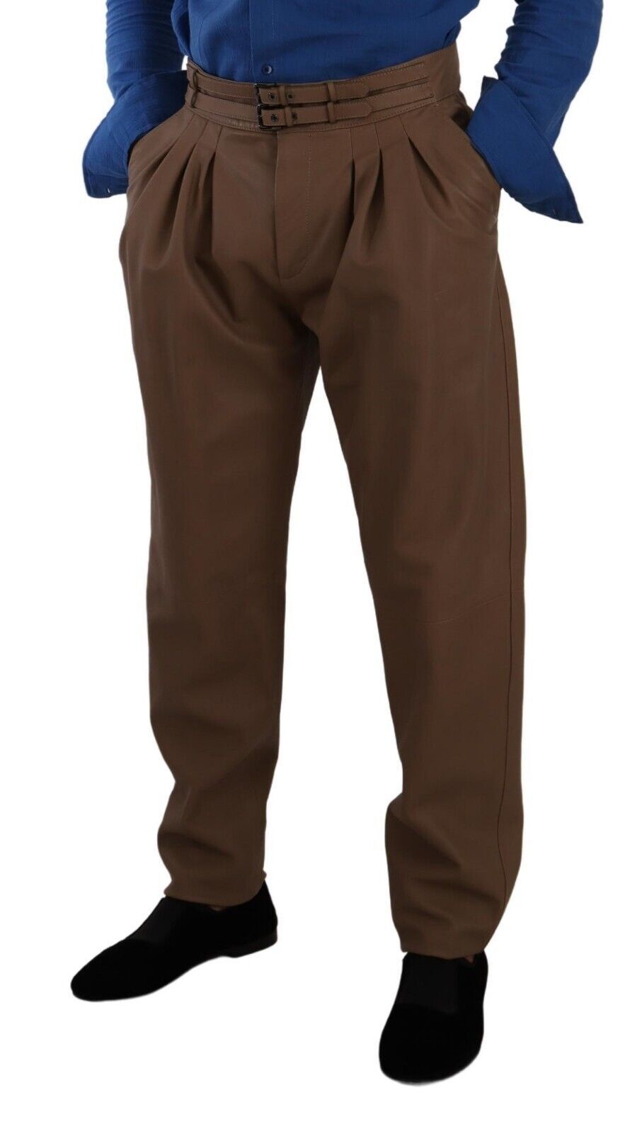 Brown Leather Tapered High Waist Pants - ventzia