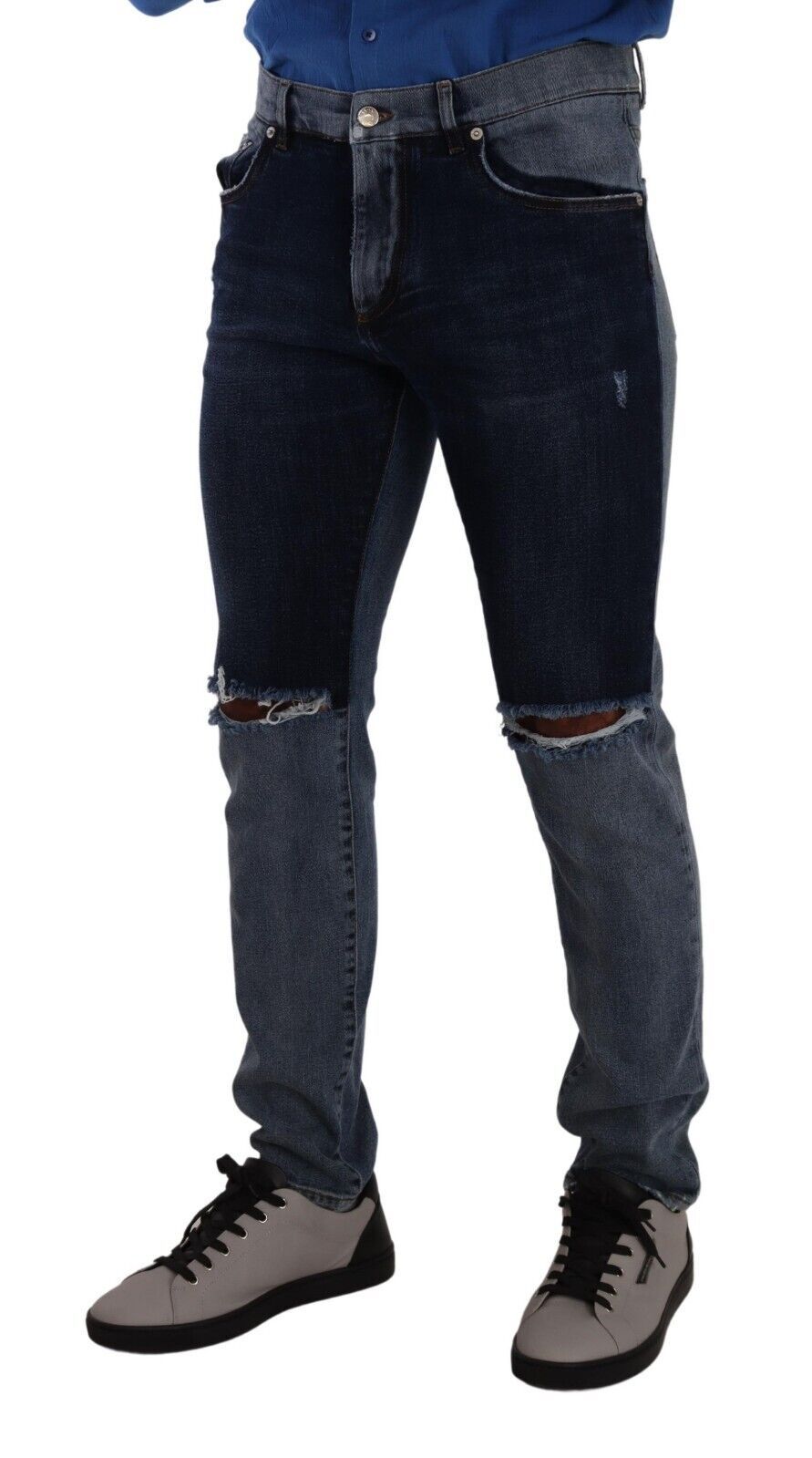 Blue Two Tone Tattered Cotton Slim Denim Jeans - ventzia
