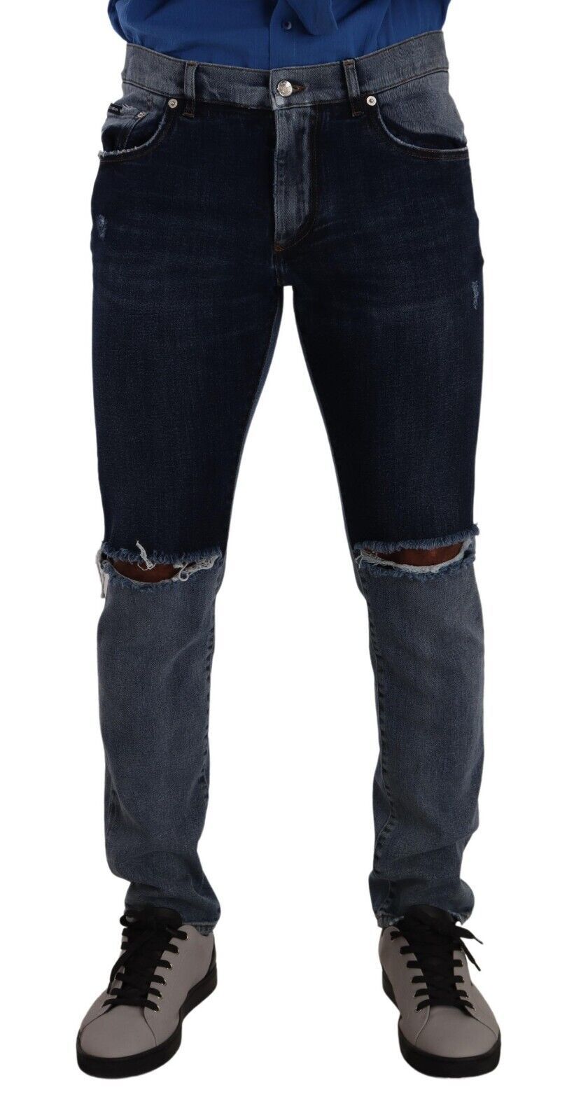 Blue Two Tone Tattered Cotton Slim Denim Jeans - ventzia