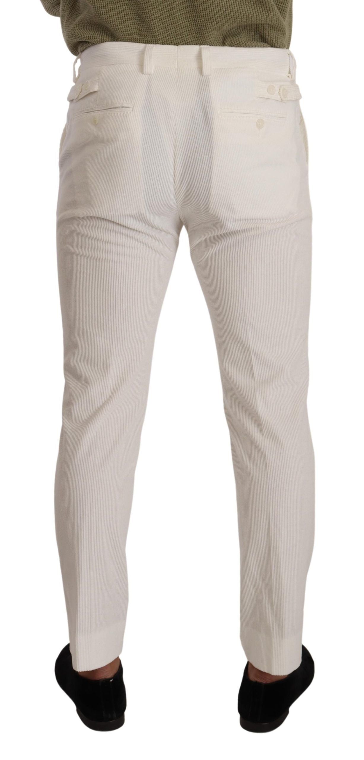 White Cotton Skinny Corduroy Trouser Pants - ventzia