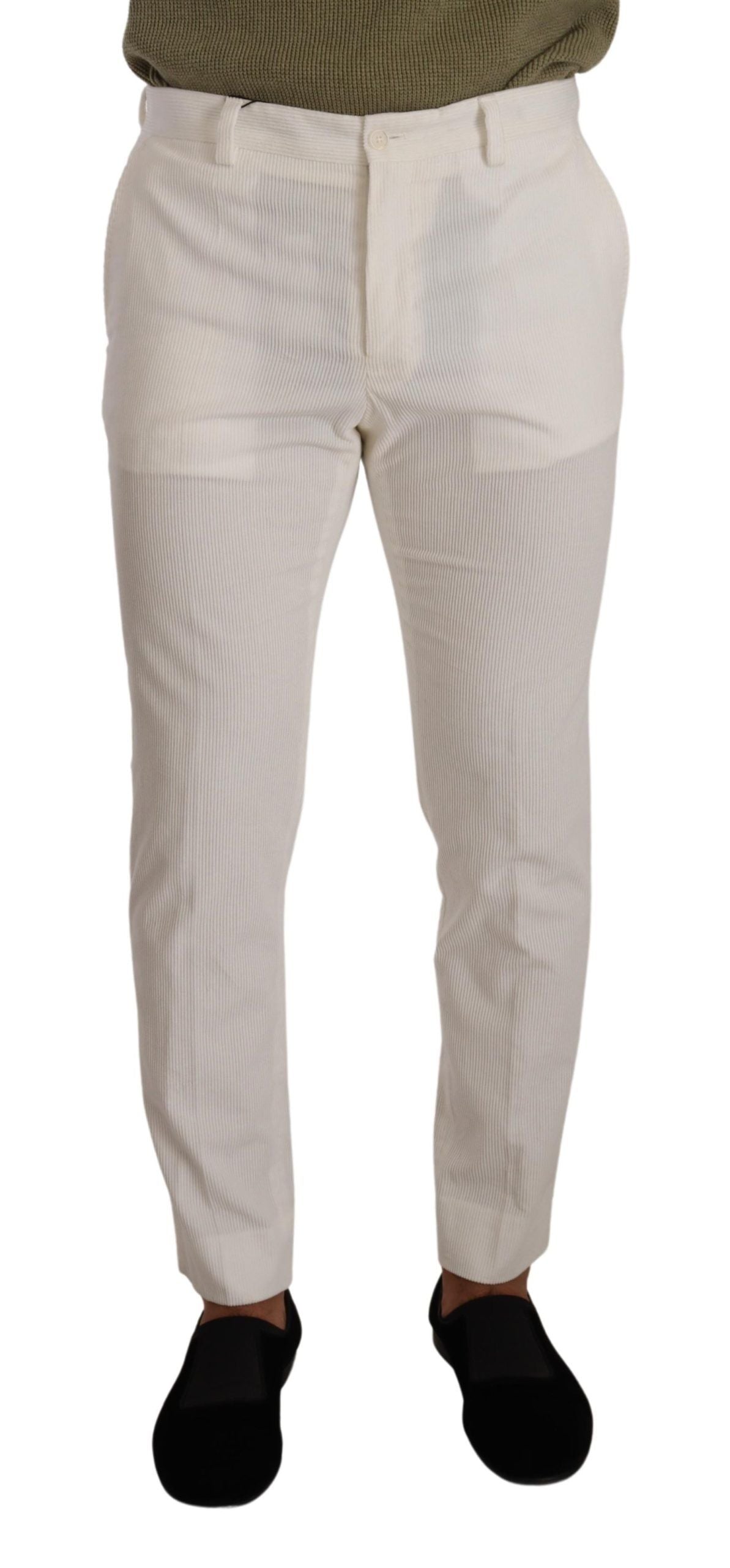 White Cotton Skinny Corduroy Trouser Pants - ventzia
