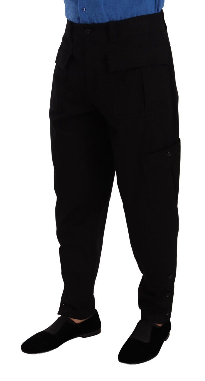 Black Cotton Stretch Tapered Cargo Pants - ventzia