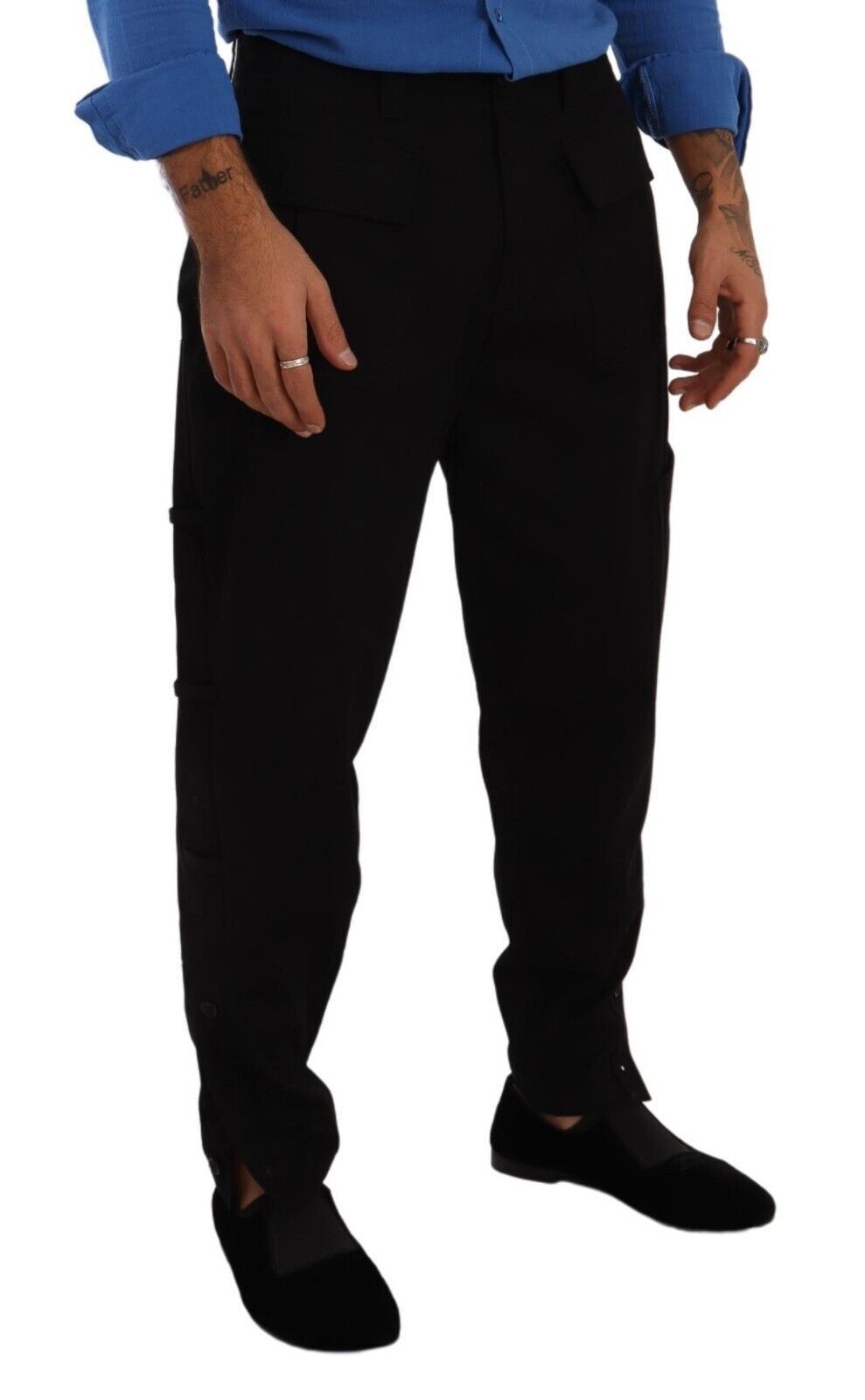 Black Cotton Stretch Tapered Cargo Pants - ventzia