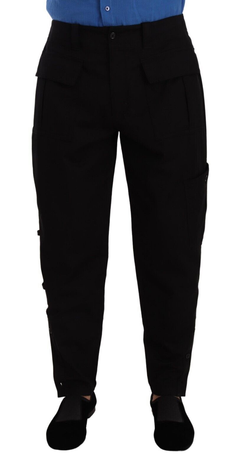 Black Cotton Stretch Tapered Cargo Pants - ventzia