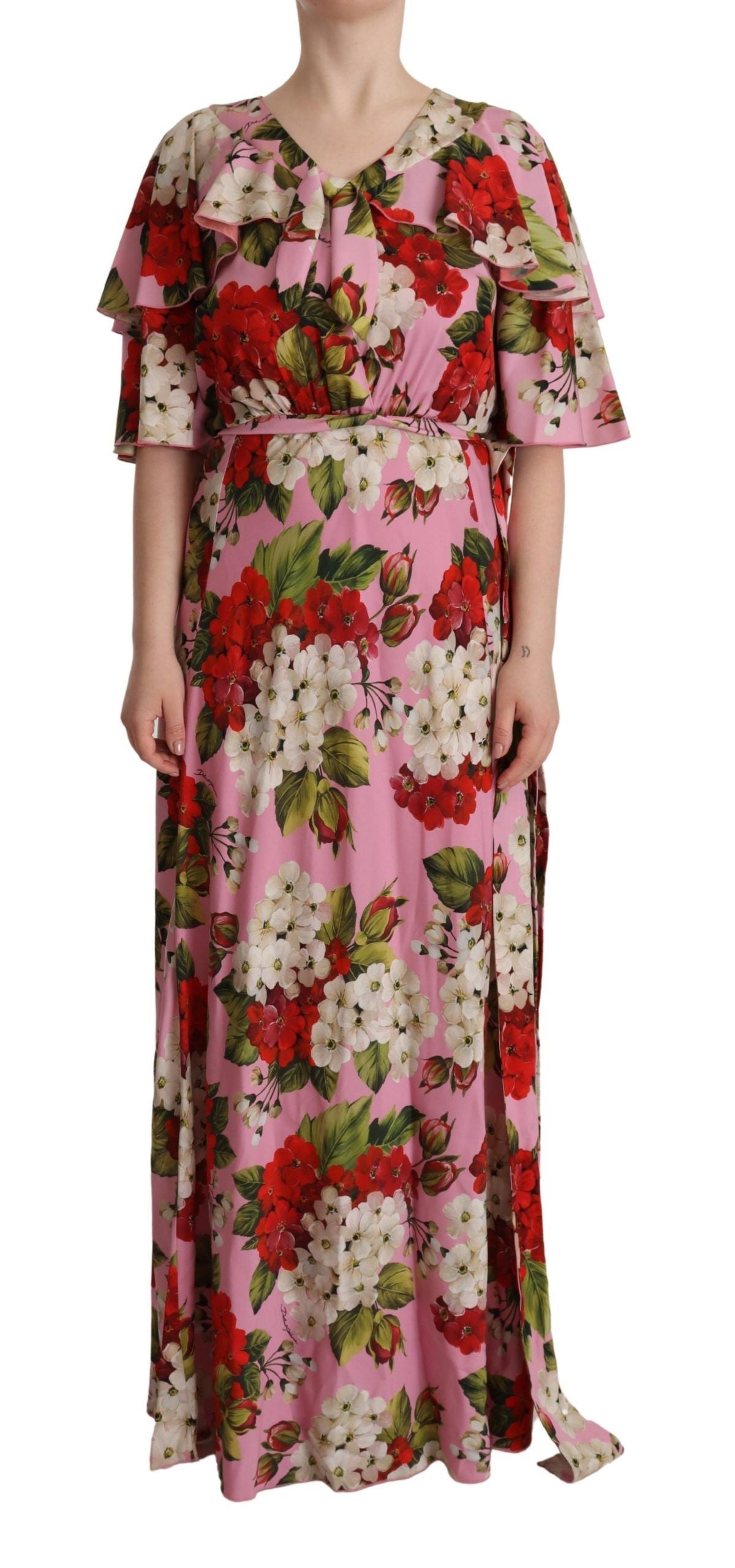 Pink Floral Silk Stretch Gown Maxi Dress - ventzia