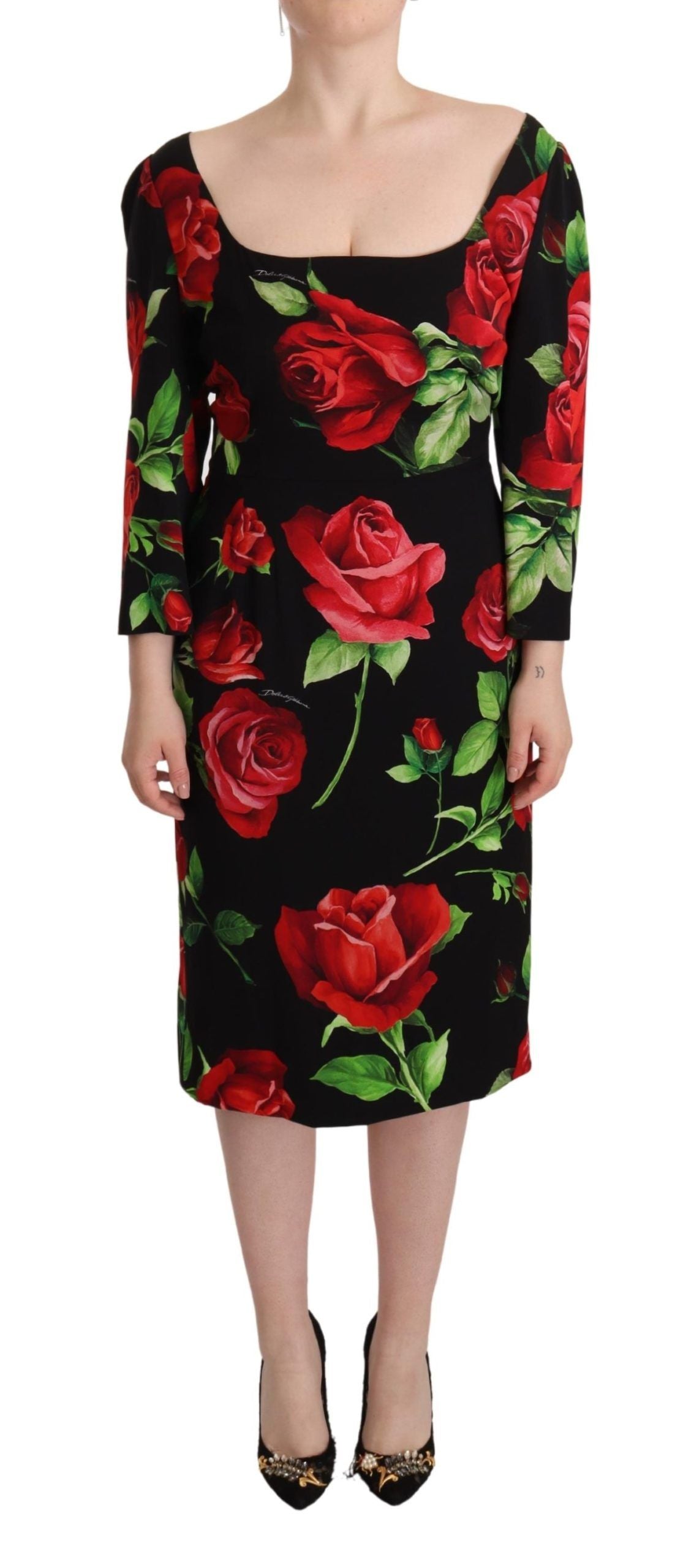 Black Red Roses Sheath Stretch Silk Dress - ventzia