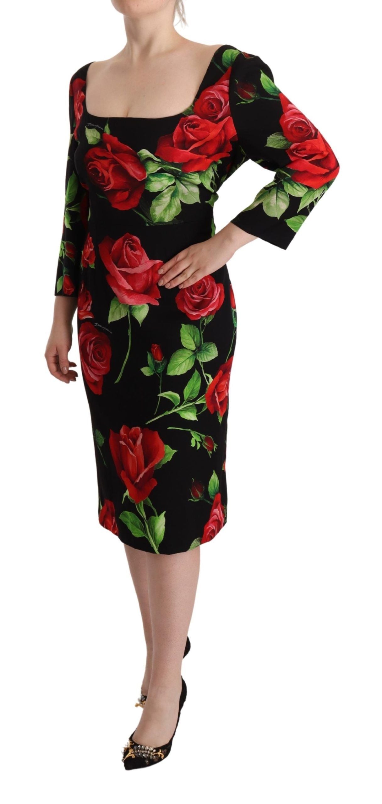 Black Red Roses Sheath Stretch Silk Dress - ventzia