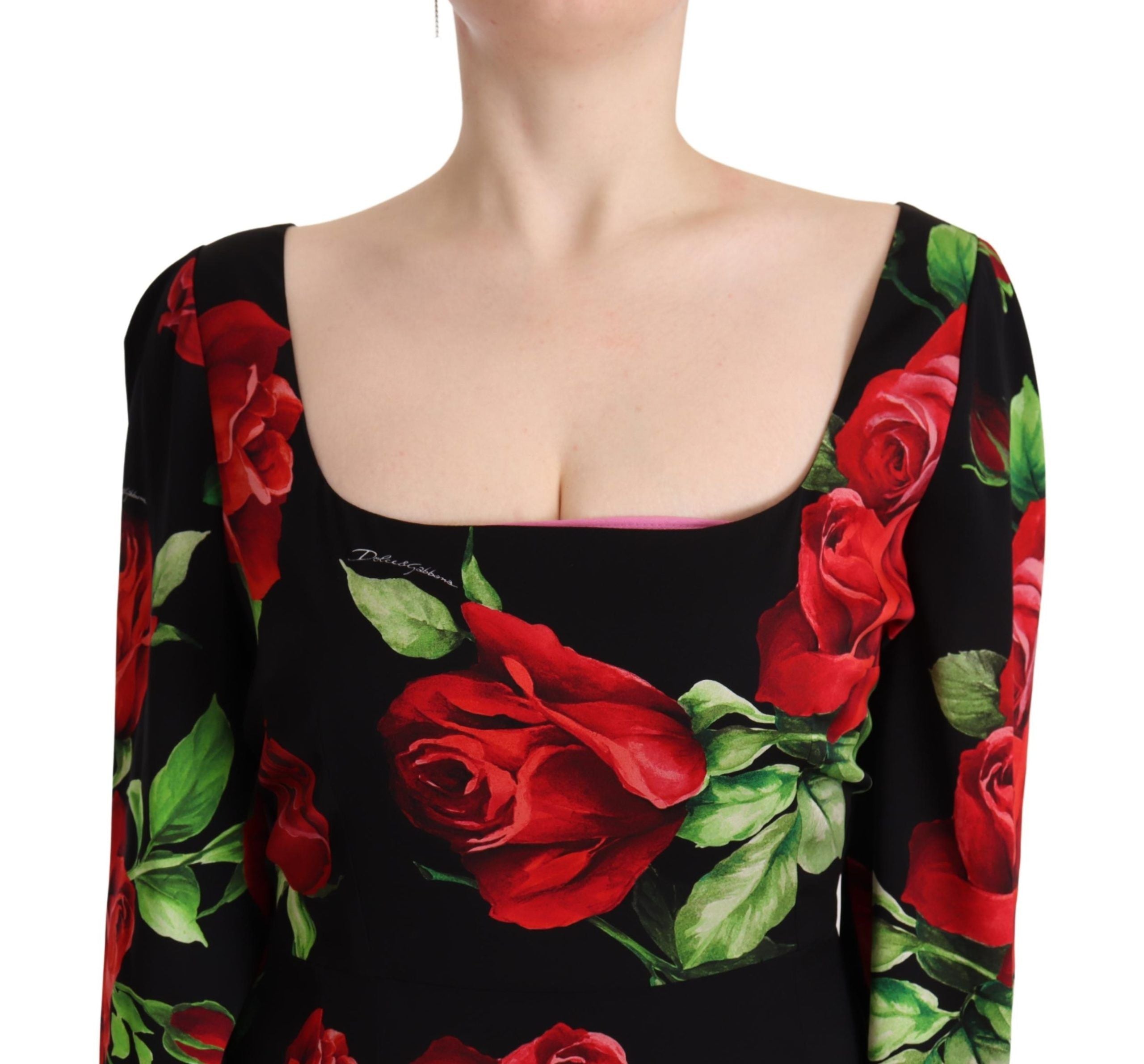 Black Red Roses Sheath Stretch Silk Dress - ventzia