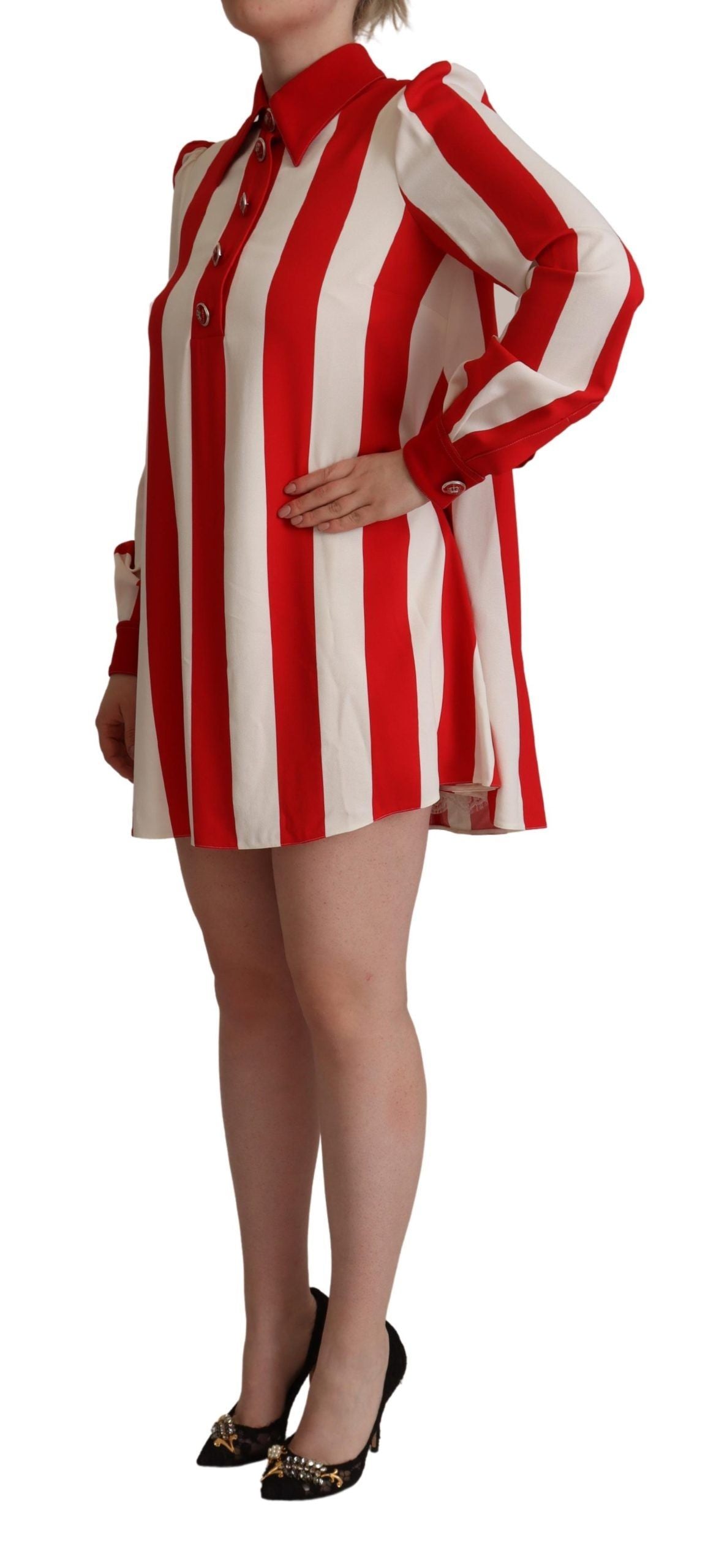 White Red Stretch Mini Shirt Gown Dress - ventzia