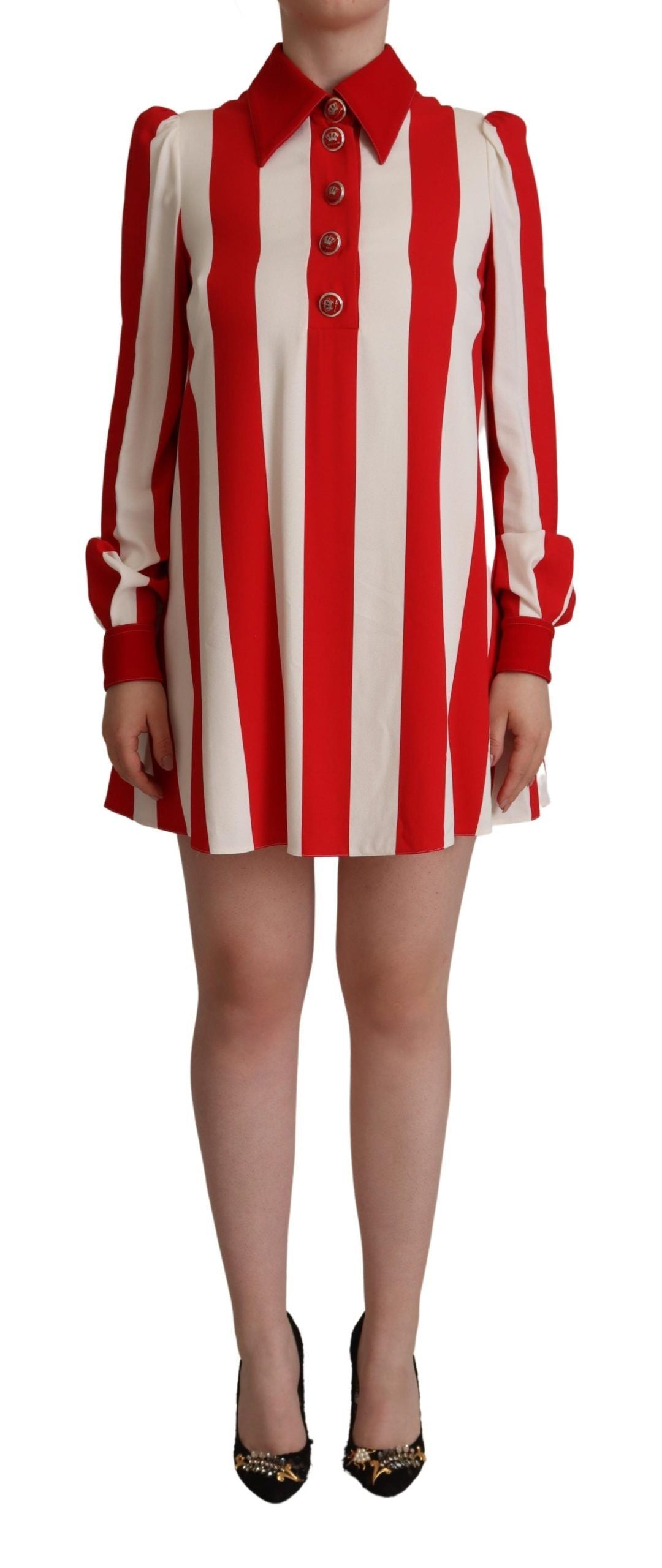 White Red Stretch Mini Shirt Gown Dress - ventzia