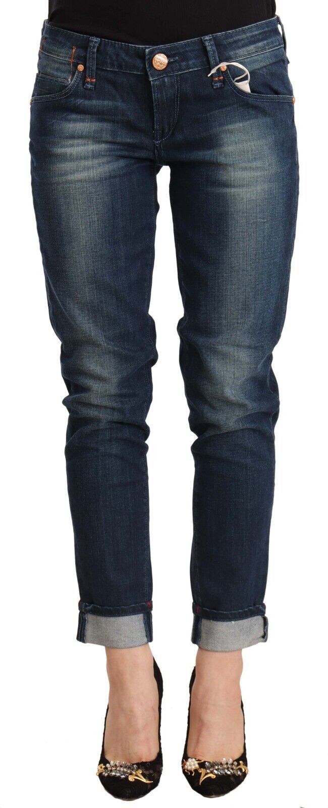 Blue Washed Low Waist Skinny Denim Folded Hem Jeans - ventzia
