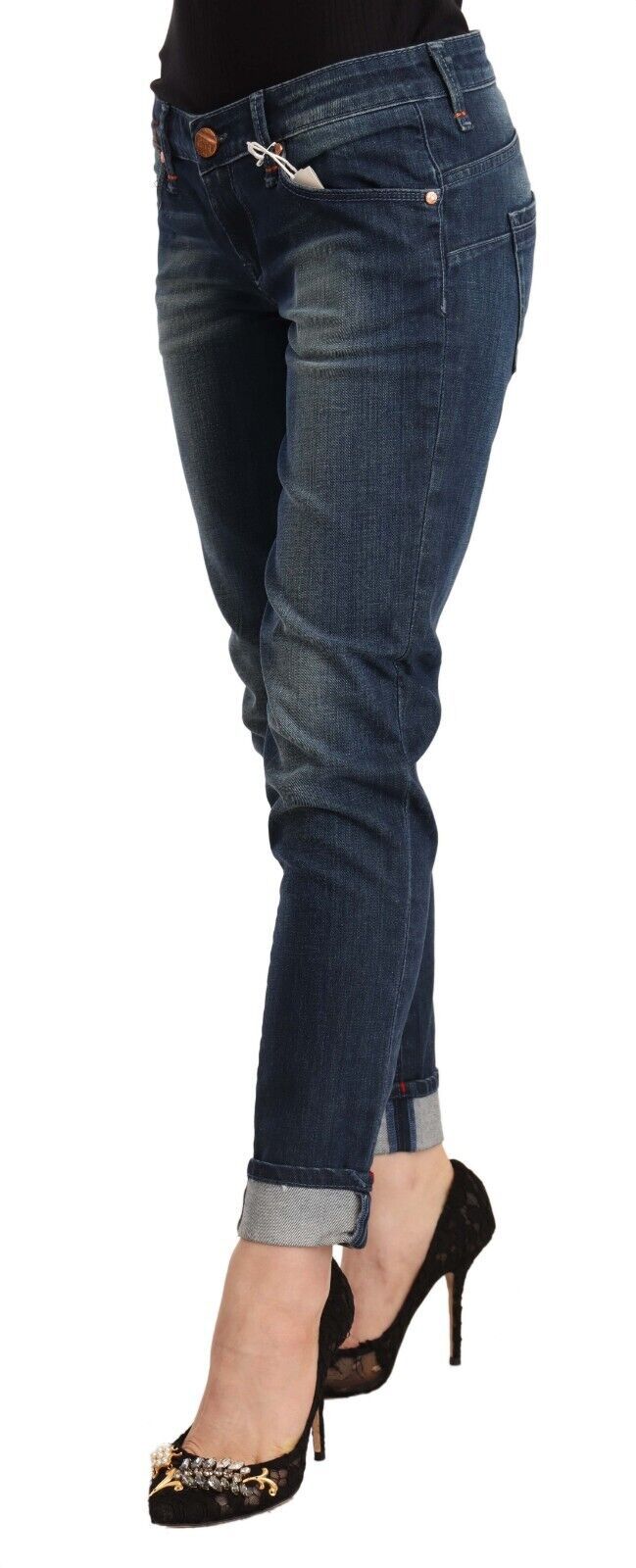 Blue Washed Low Waist Skinny Denim Folded Hem Jeans - ventzia