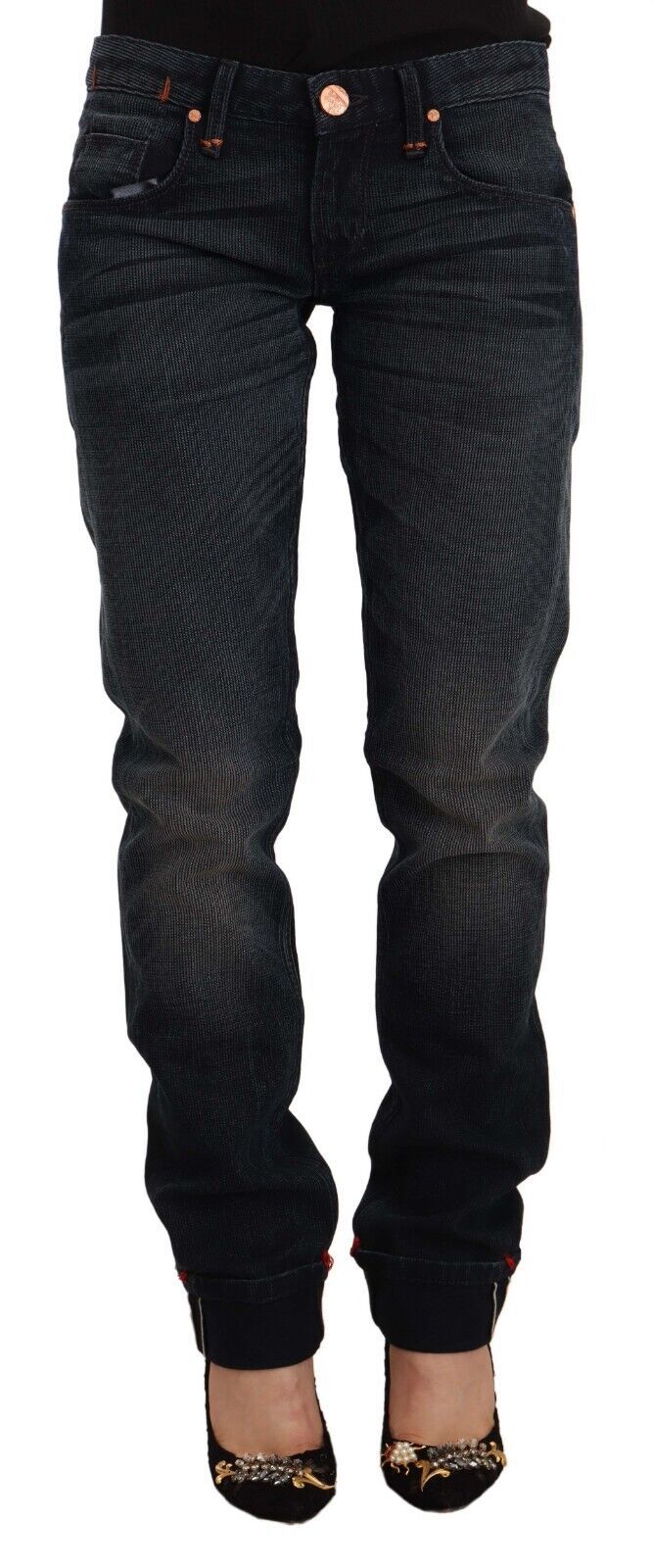 Black Washed Cotton Skinny Denim Low Waist Jeans - ventzia