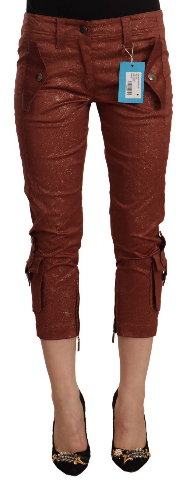 Brown Lurex Mid Waist Cotton Cropped Capri Pants - ventzia