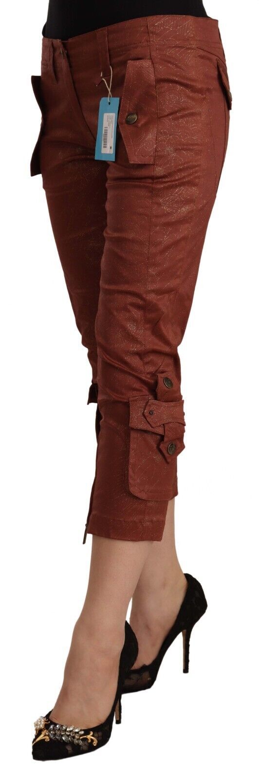 Brown Lurex Mid Waist Cotton Cropped Capri Pants - ventzia