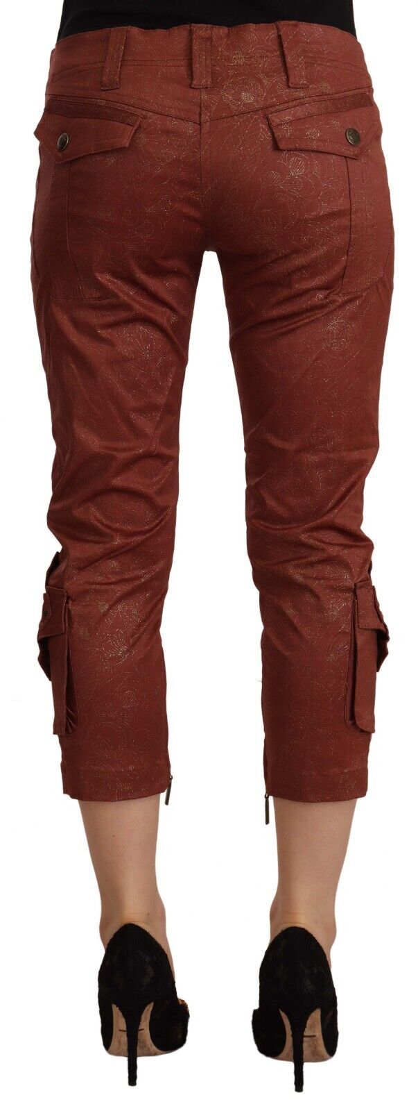 Brown Lurex Mid Waist Cotton Cropped Capri Pants - ventzia