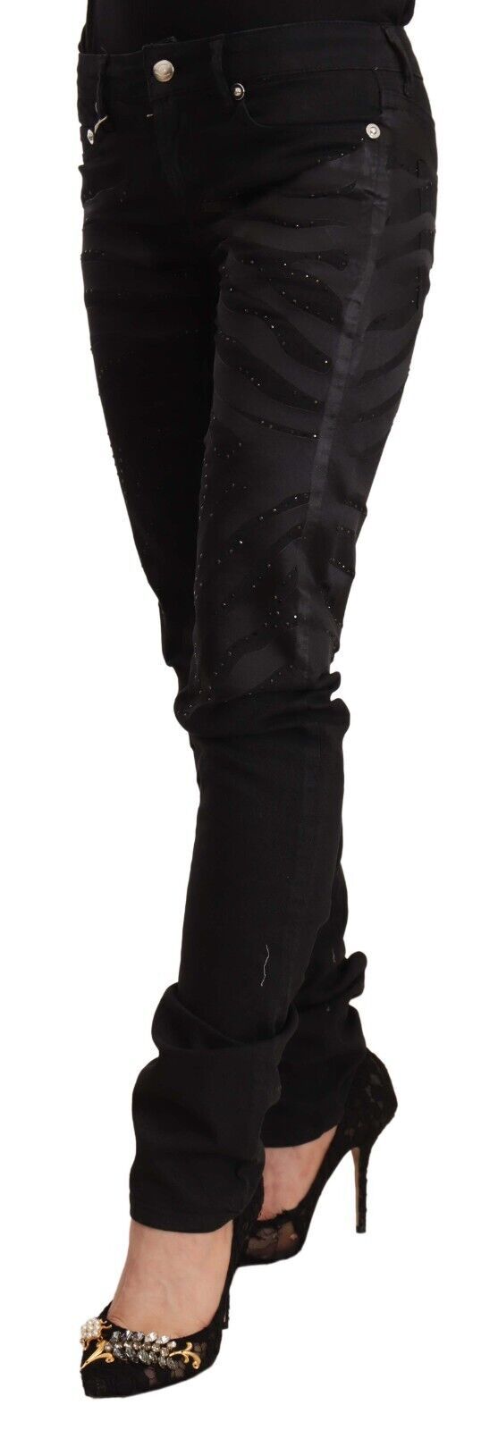 Black Mid Waist Embellished Skinny Jeans - ventzia