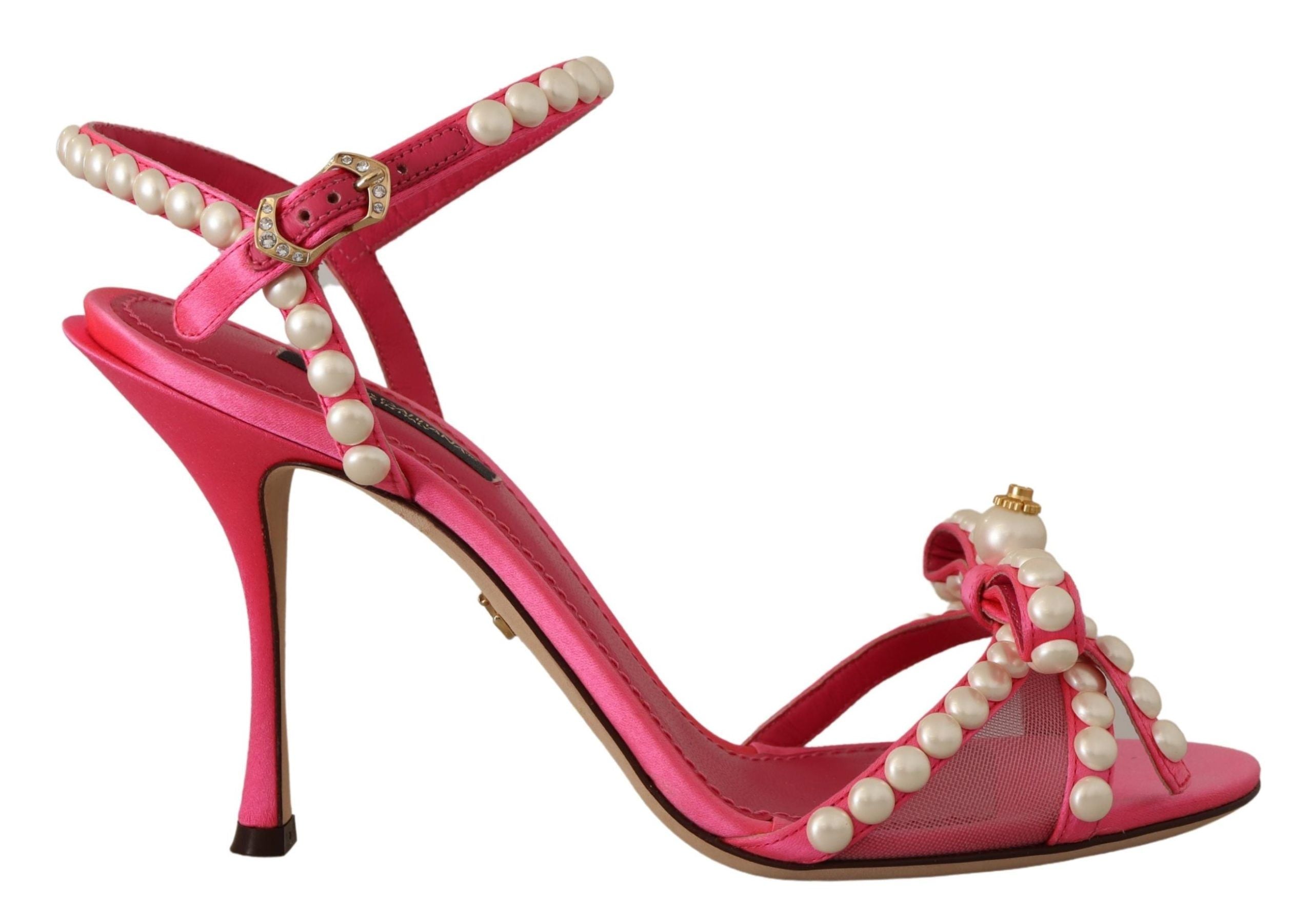 Pink Satin White Pearl Crystals Heels Shoes - ventzia