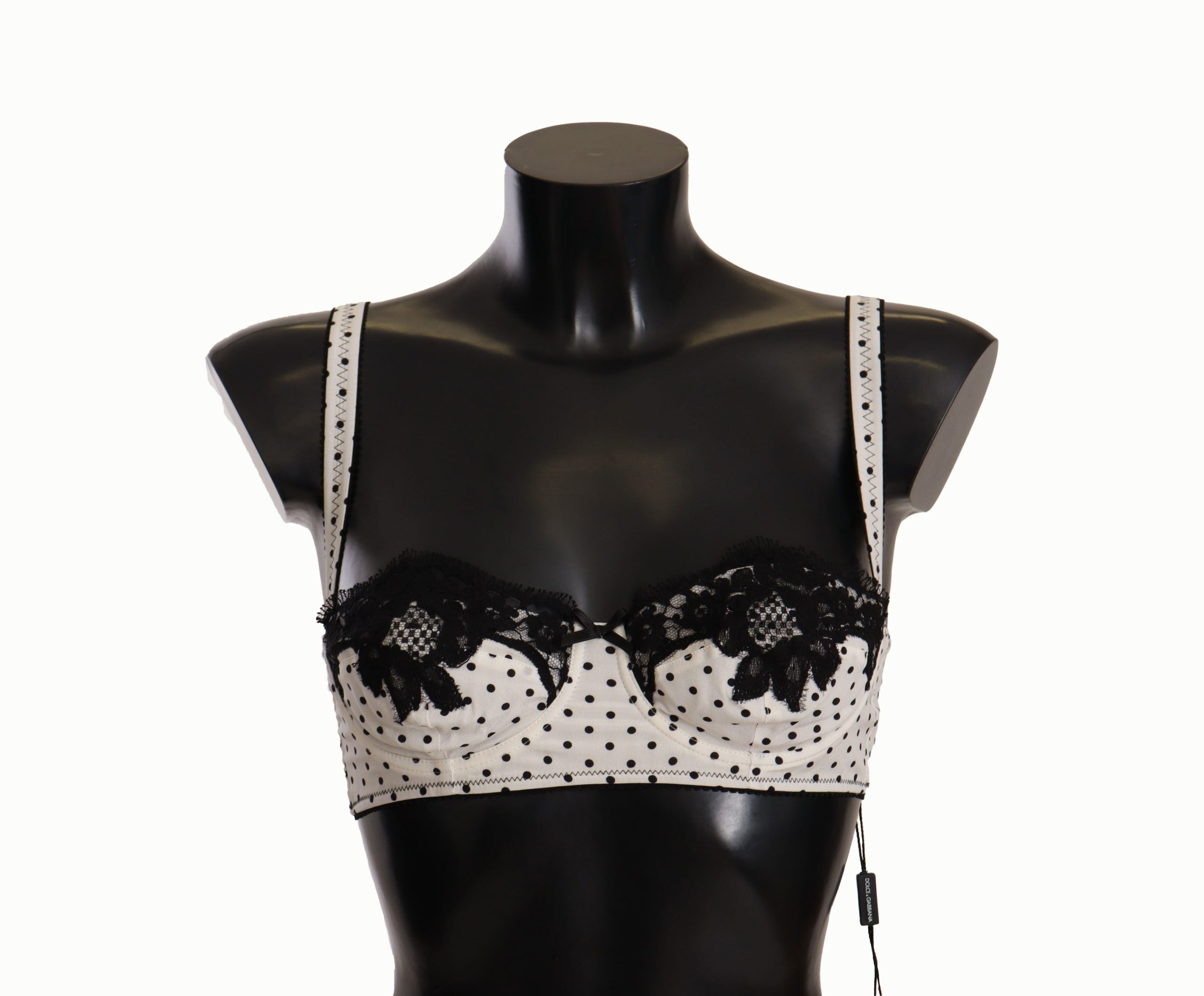 White Black Polka Dot Satin Lace Balconette Bra - ventzia
