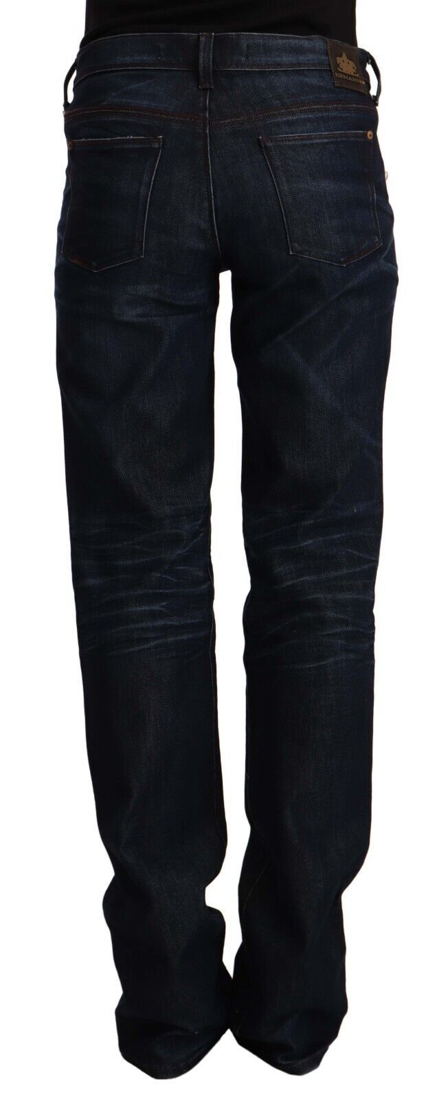 Dark Blue Mid Waist Cotton Denim Straight Jeans - ventzia