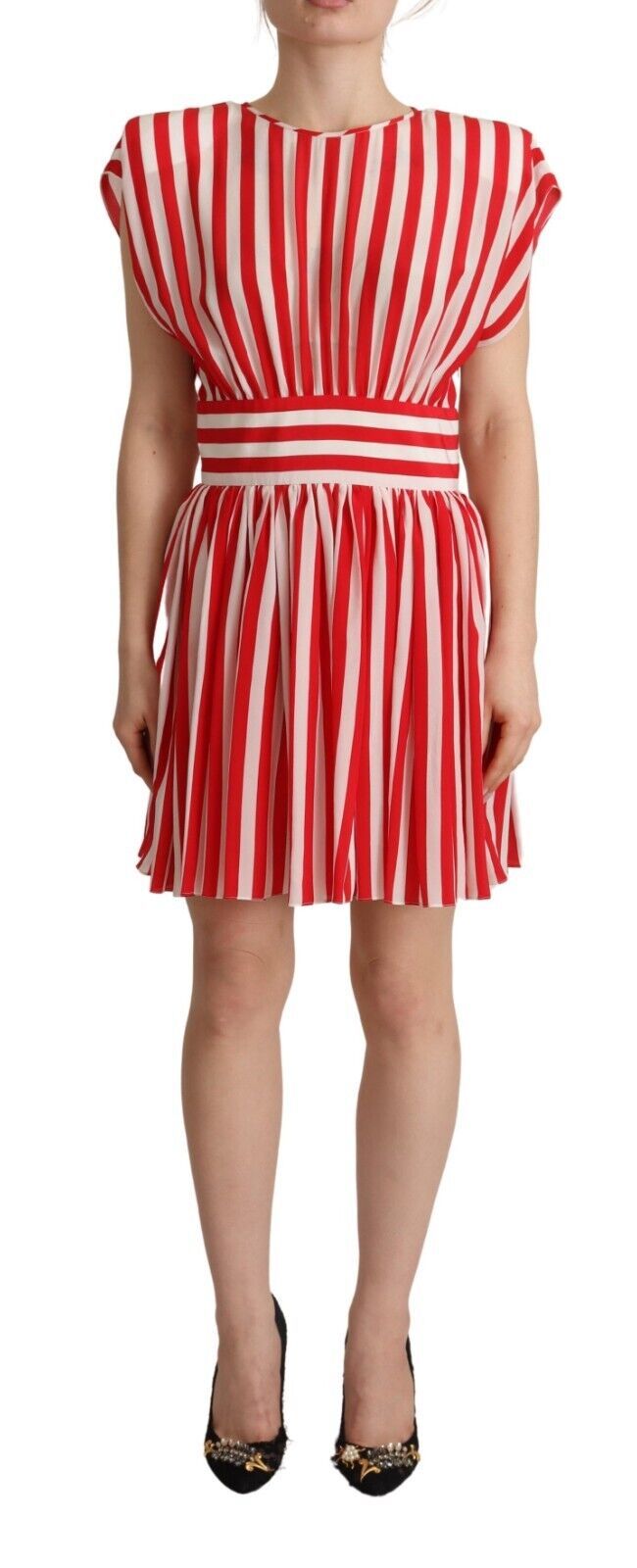 Red White Stripes Silk Mini A-line Dress - ventzia