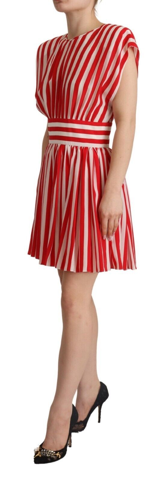 Red White Stripes Silk Mini A-line Dress - ventzia