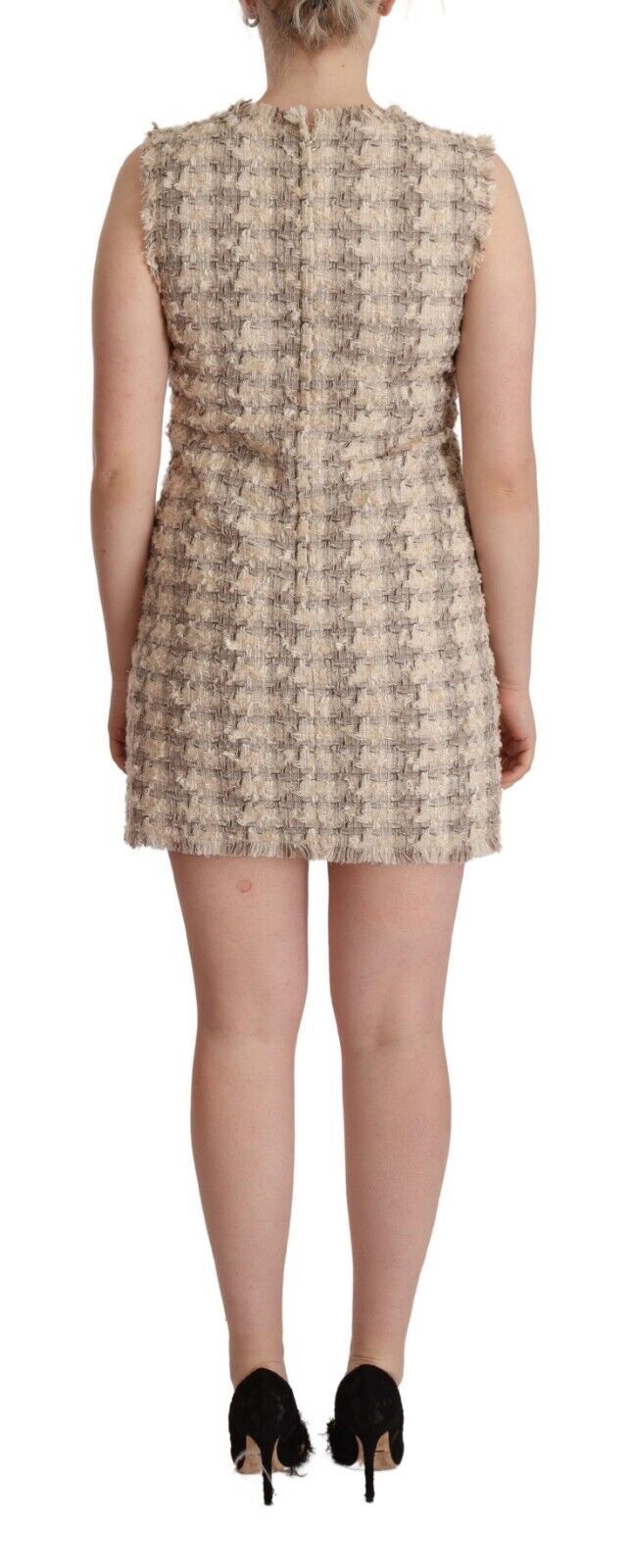 Beige Checkered Sleeveless Mini Shift Dress - ventzia
