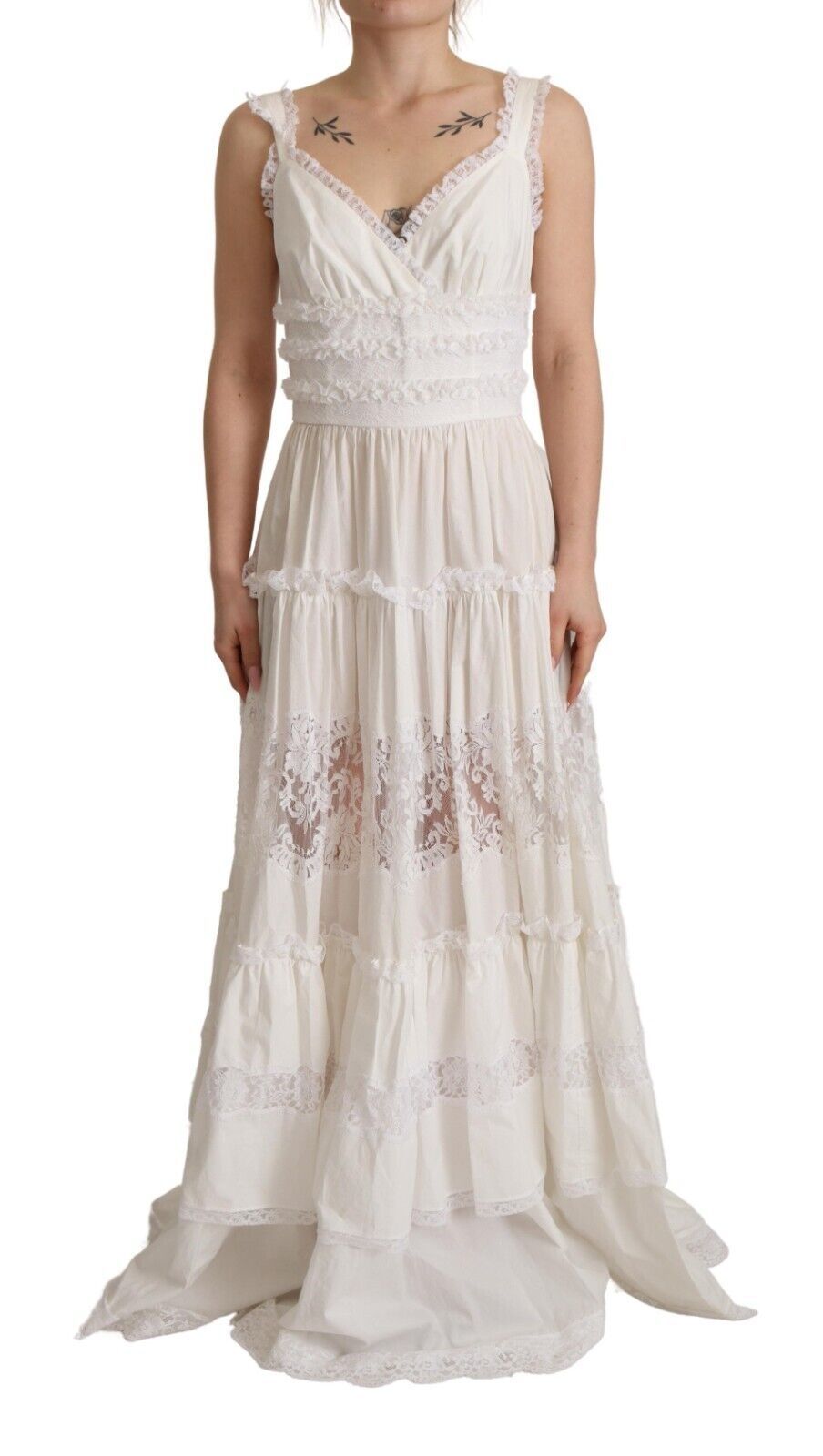 White Cotton Tiered Long Maxi A-line Dress - ventzia