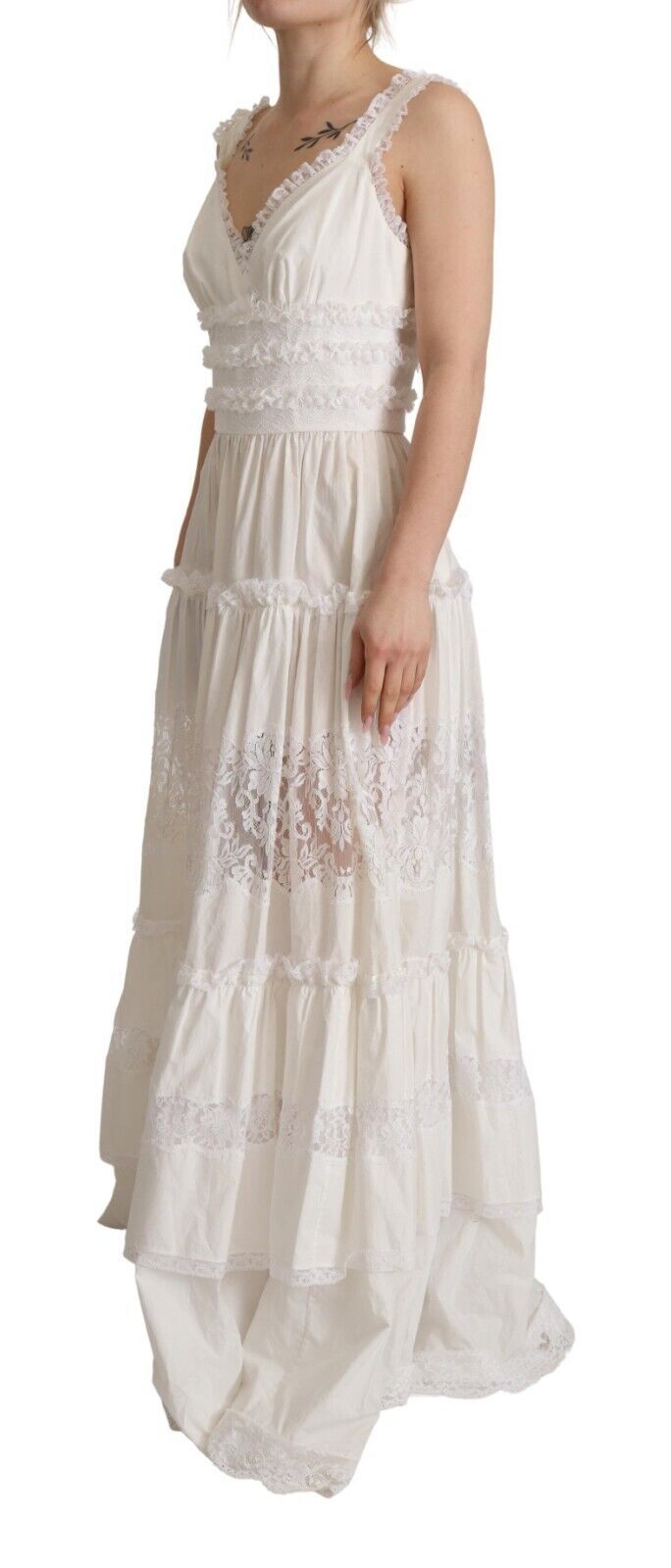 White Cotton Tiered Long Maxi A-line Dress - ventzia