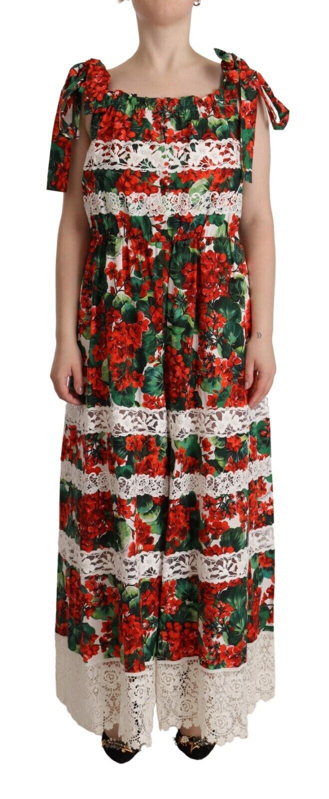 Multicolor Geranium Print Lace Long Maxi Dress - ventzia