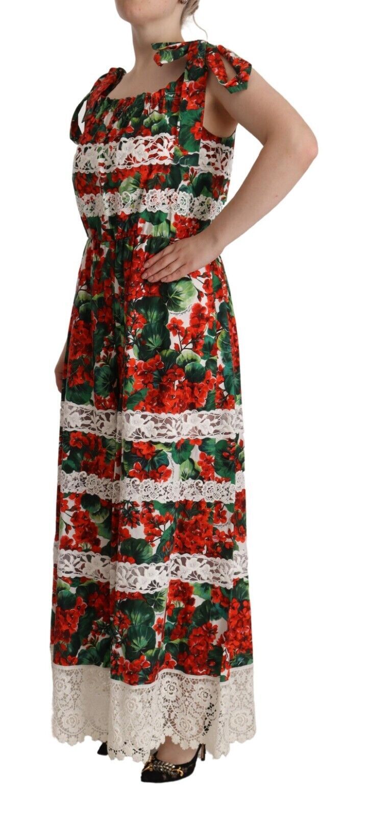 Multicolor Geranium Print Lace Long Maxi Dress - ventzia