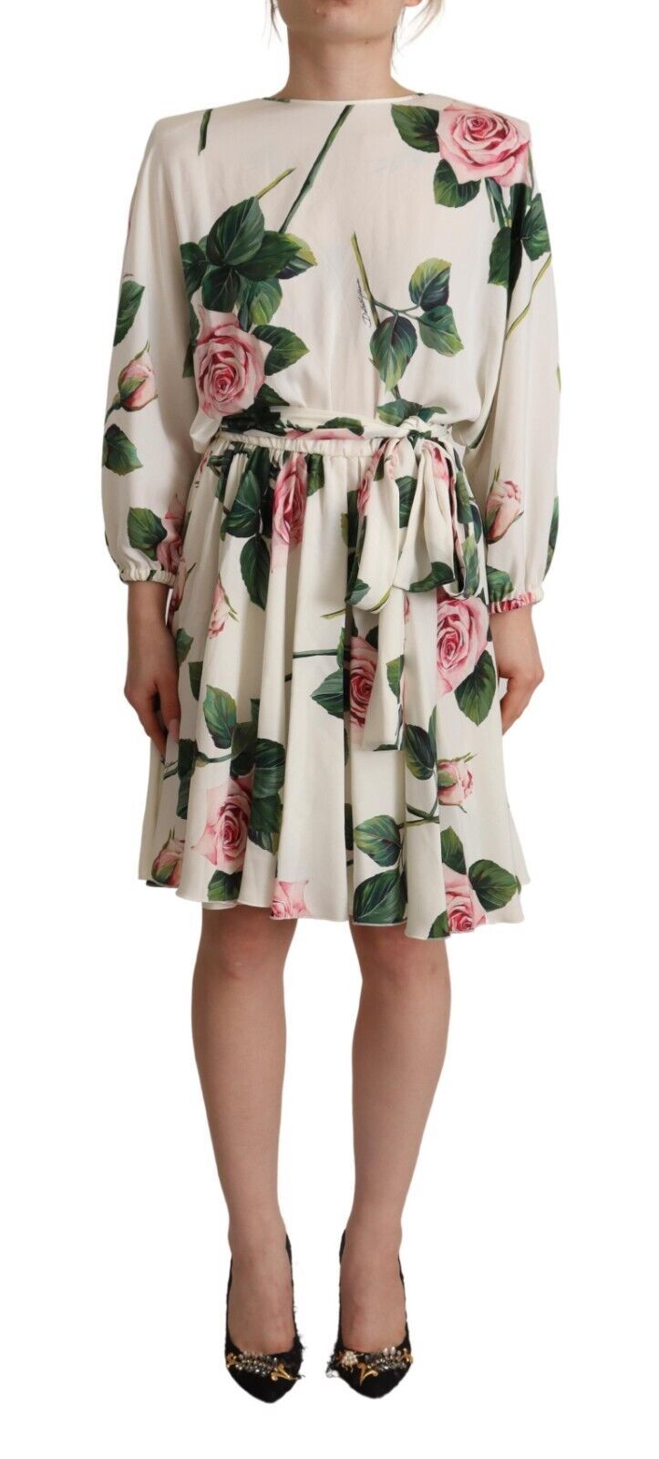 White Rose Print Long Sleeves A-line Dress - ventzia