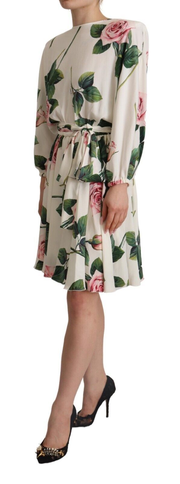 White Rose Print Long Sleeves A-line Dress - ventzia