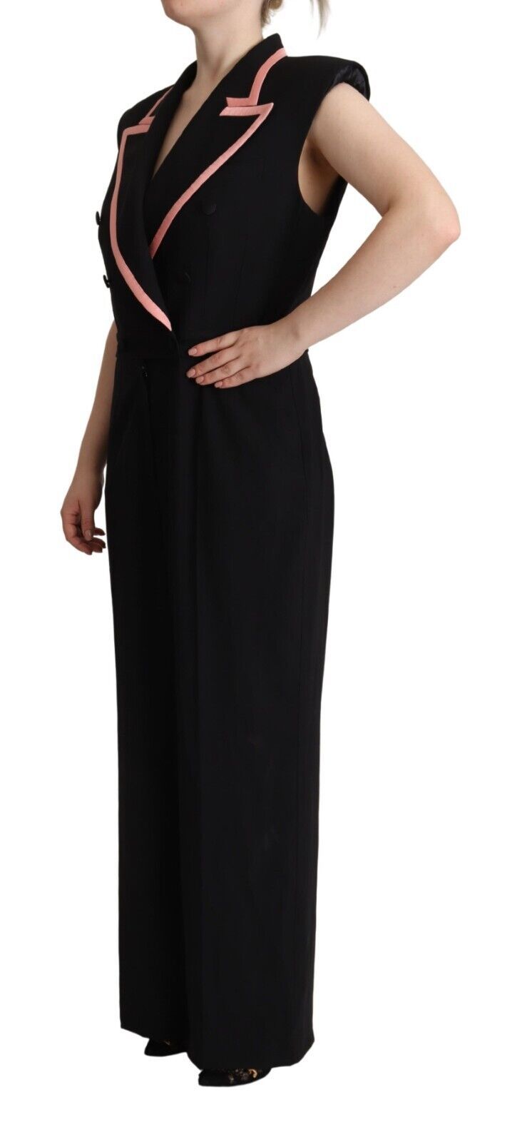 Black Wool Blend Sleeveless Jumpsuit Dress - ventzia