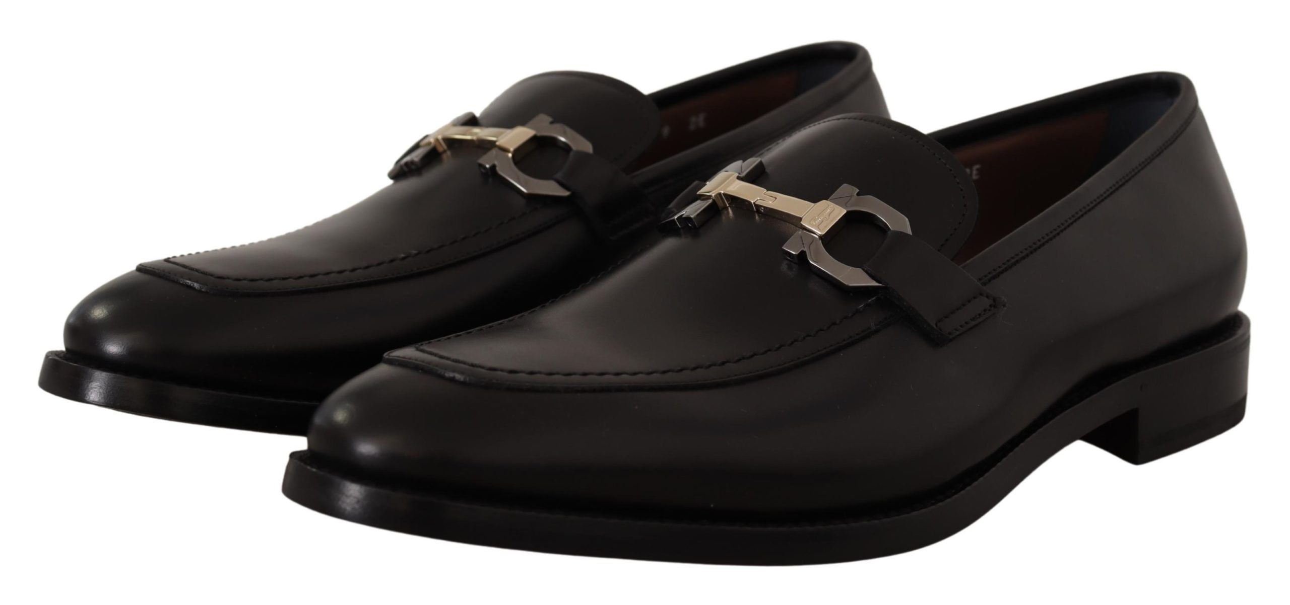 Suave Black Leather Gancio Bit Loafers - ventzia