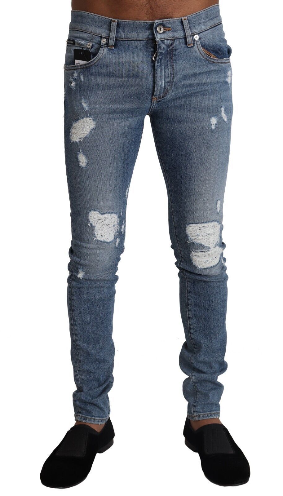 Light Blue Tattered Cotton Denim Skinny Jeans - ventzia