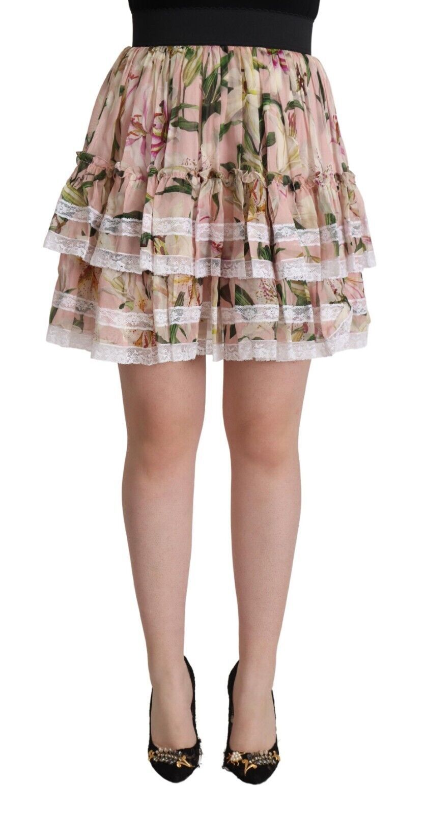 Pink Lily Print Silk Mini Tiered A-line Skirt - ventzia