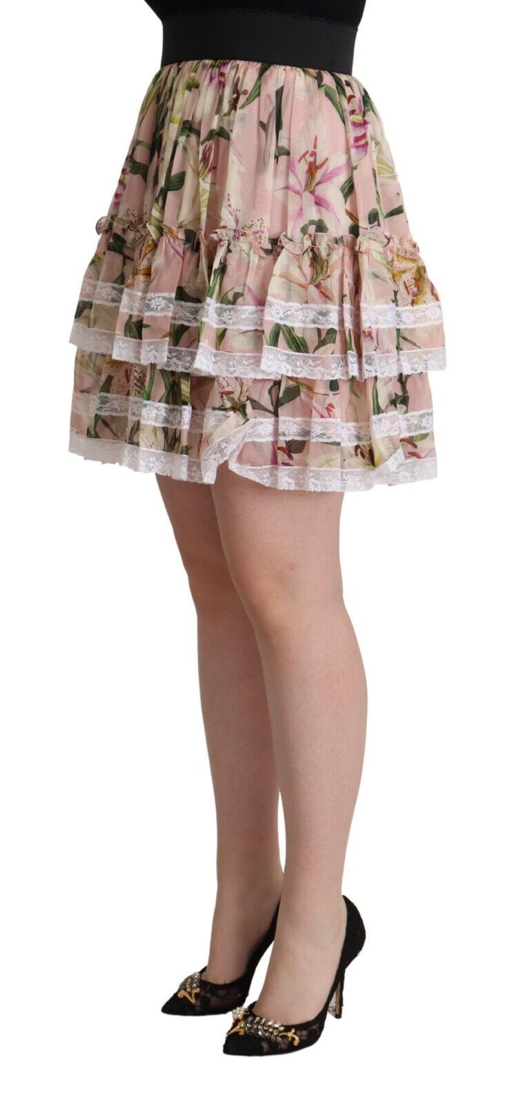 Pink Lily Print Silk Mini Tiered A-line Skirt - ventzia