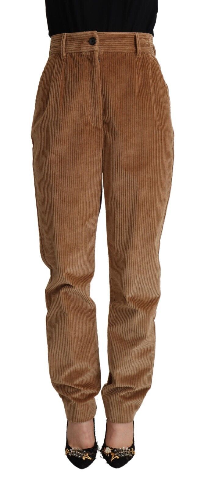 Brown Cotton Corduroy High Waist Skinny Pants - ventzia