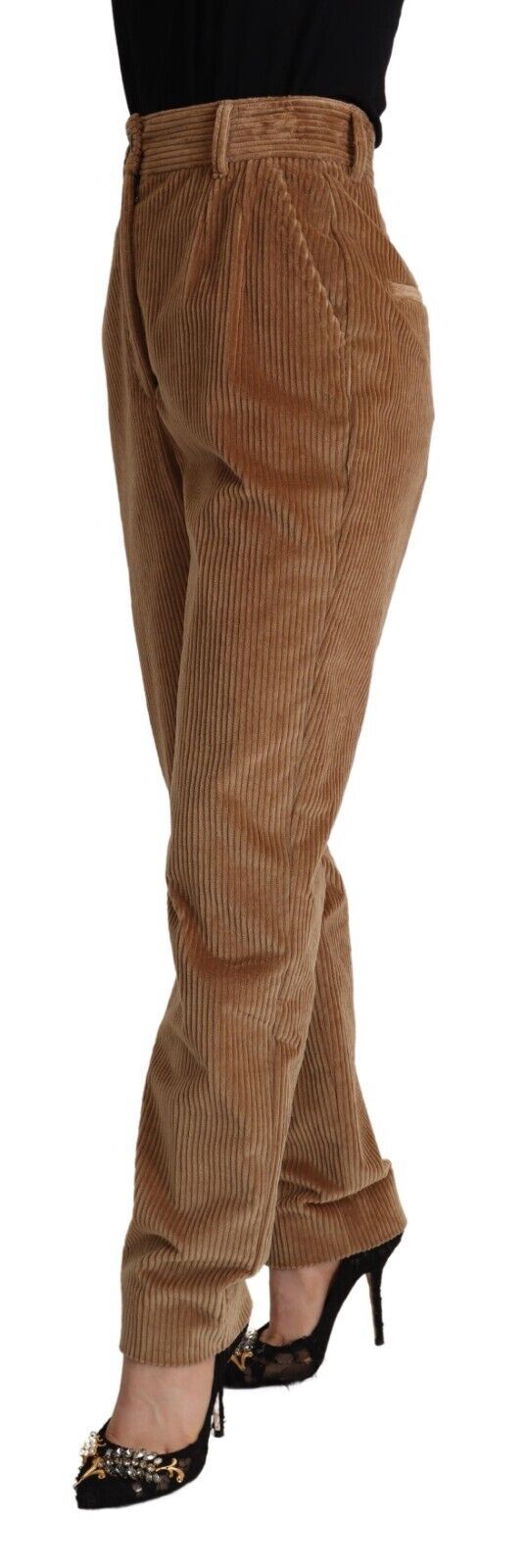 Brown Cotton Corduroy High Waist Skinny Pants - ventzia