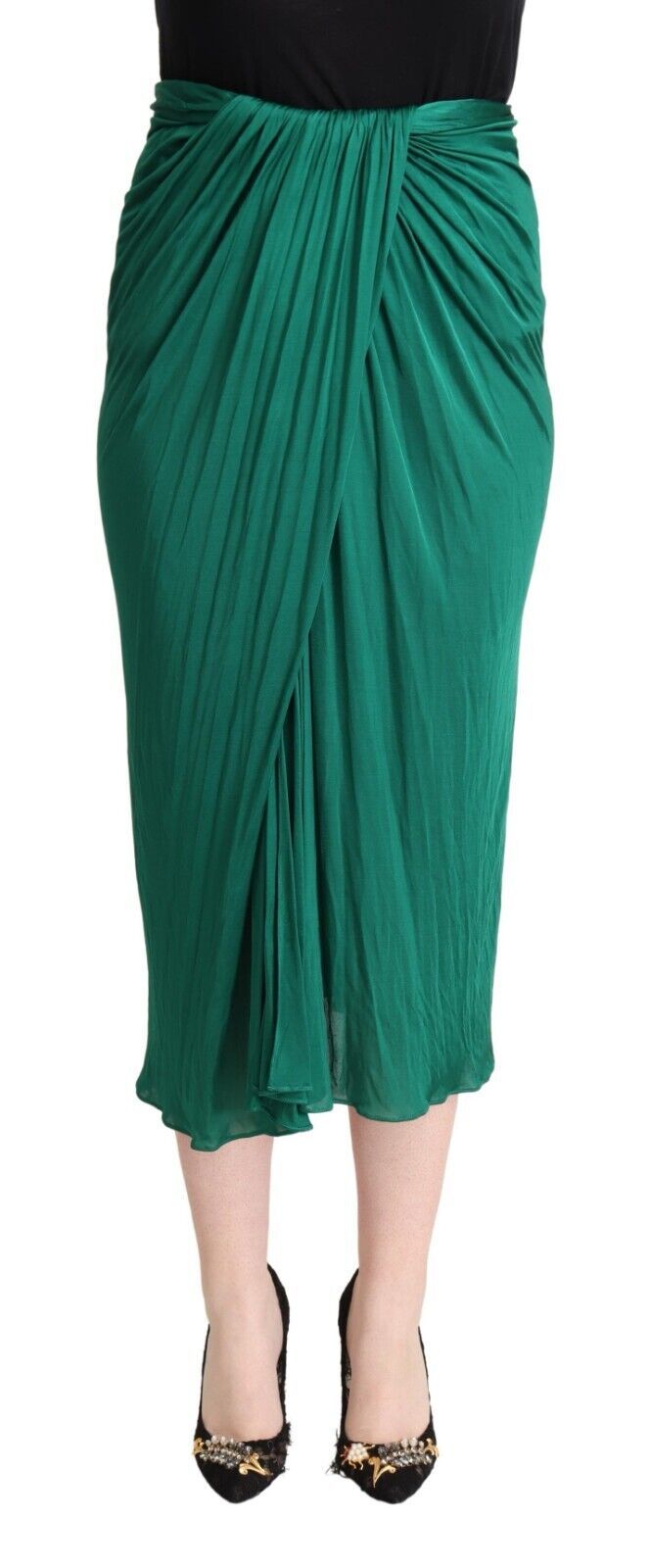 Dark Green High Waist Midi Pencil Cut Pleated Skirt - ventzia