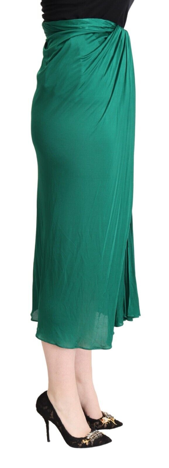 Dark Green High Waist Midi Pencil Cut Pleated Skirt - ventzia