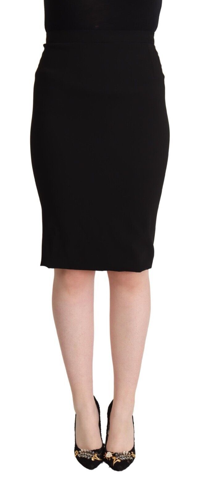 Black High Waist Knee Length Pencil Cut Skirt - ventzia