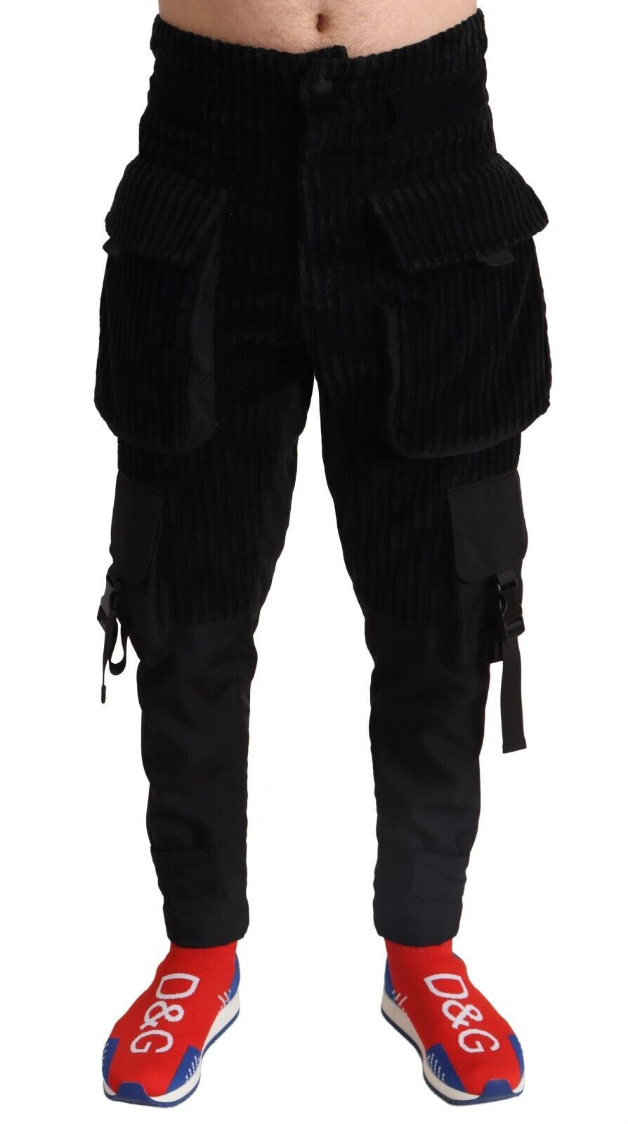 Black Cotton Skinny Corduroy Cargo Pants - ventzia
