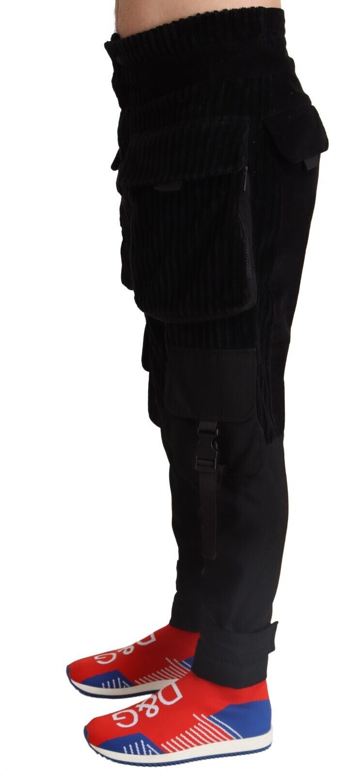Black Cotton Skinny Corduroy Cargo Pants - ventzia