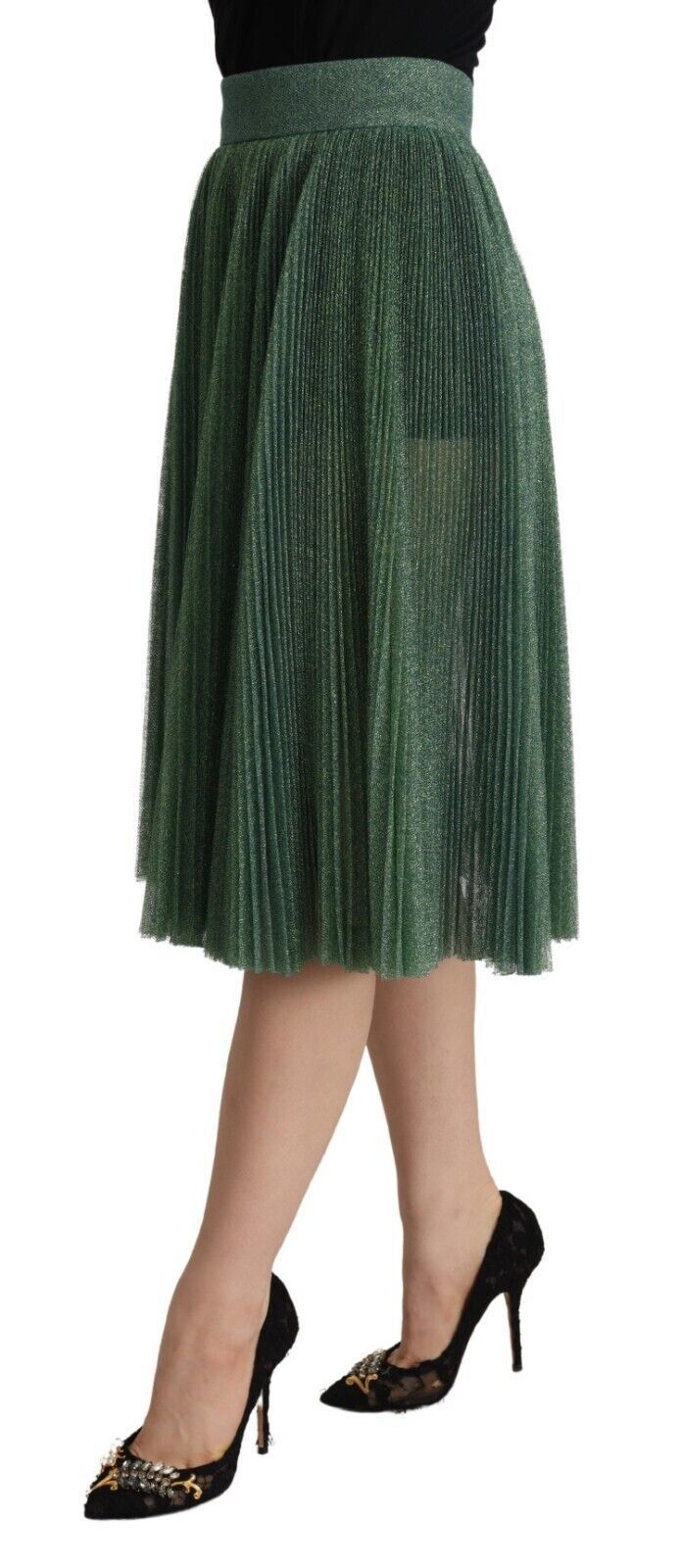 Metallic Green High Waist A-line Pleated Skirt - ventzia