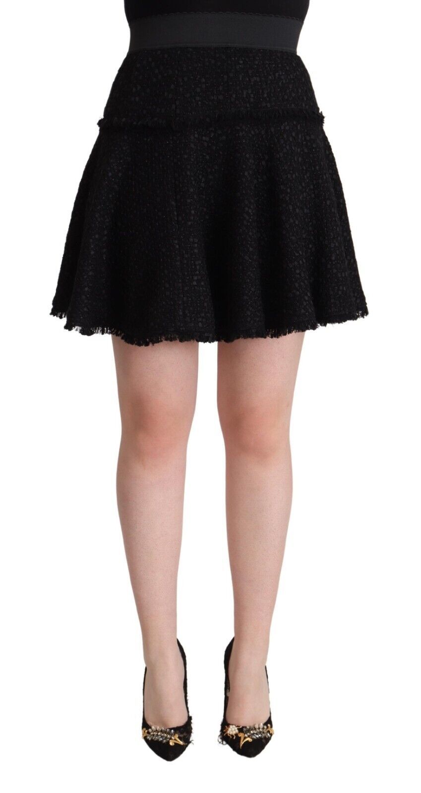 Black Knitted Nylon High Waist Mini A-line Skirt - ventzia