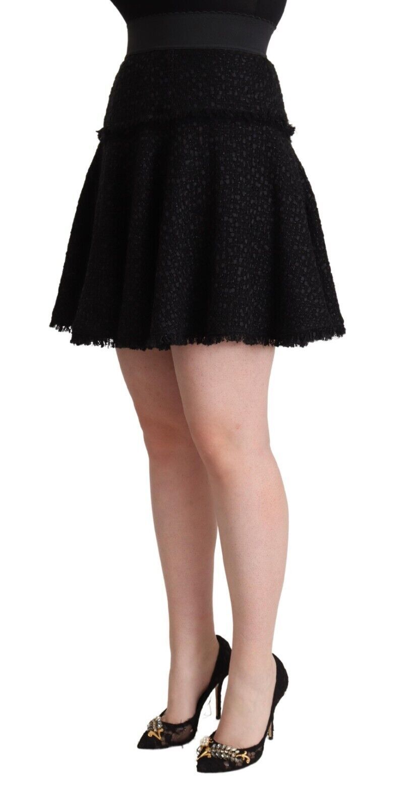 Black Knitted Nylon High Waist Mini A-line Skirt - ventzia